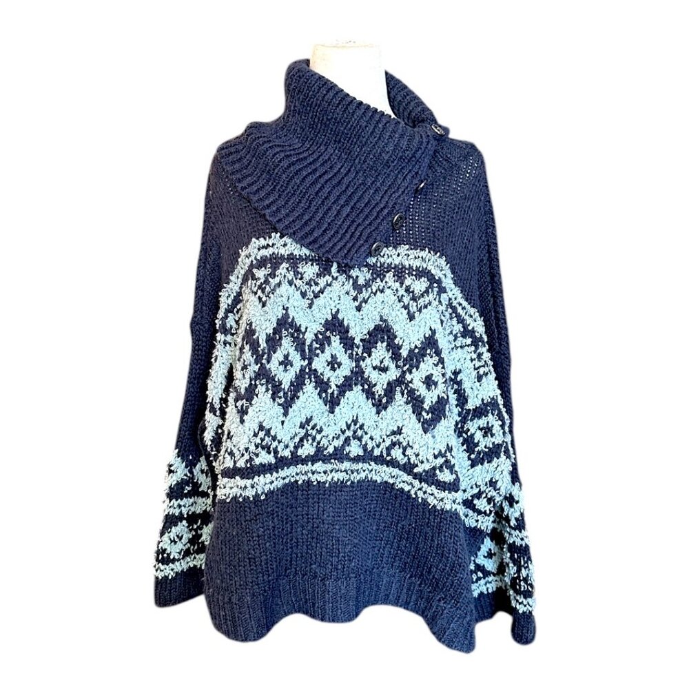 Free People NWOT Revolve Fair Isle Split Neck Wool Blend Sweater Navy/Light Blue